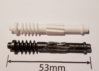 Comparison of metallic screw (old) and 3D-printed plastic screw made of iglidur I6 (new).